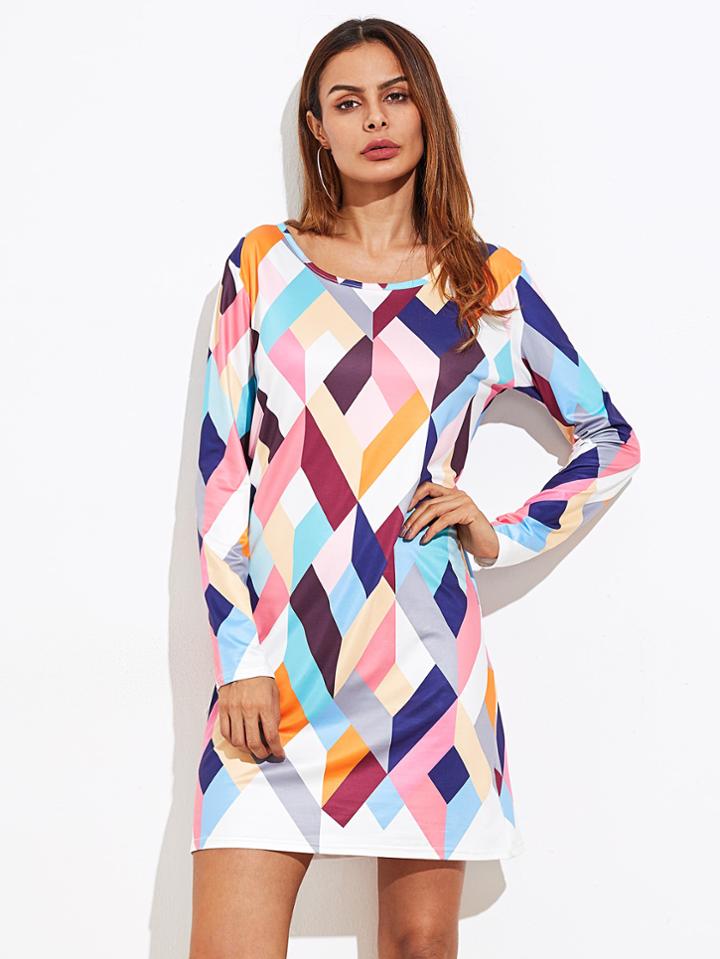 Romwe Abstract Geo Print Tee Dress