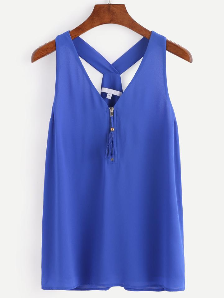 Romwe Blue Zip Front Y-back Sleeveless Chiffon Top