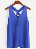 Romwe Blue Zip Front Y-back Sleeveless Chiffon Top