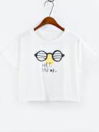 Romwe Glasses Print Crop T-shirt - White