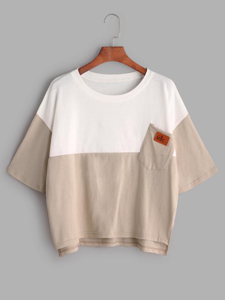 Romwe Color Block Slit Side High Low Tee With Chest Pocket
