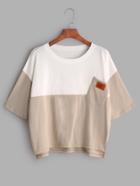 Romwe Color Block Slit Side High Low Tee With Chest Pocket