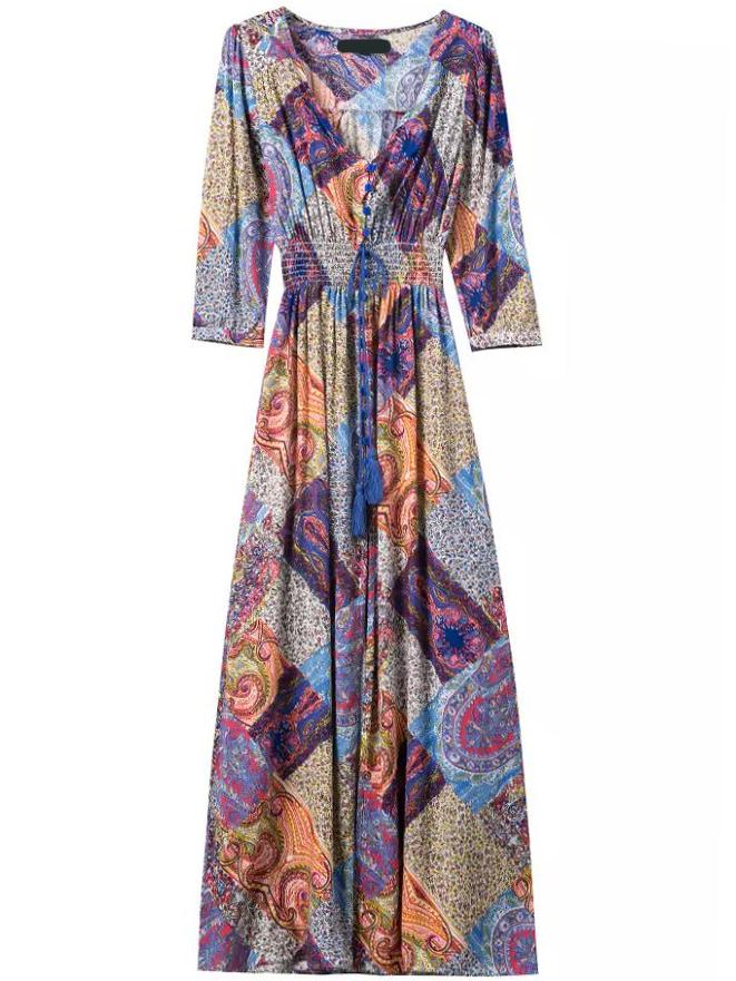 Romwe V Neck Paisley Print Split Maxi Dress