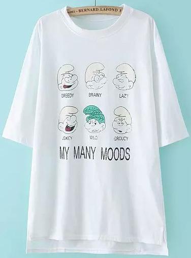 Romwe Dip Hem Split Moods Print White T-shirt