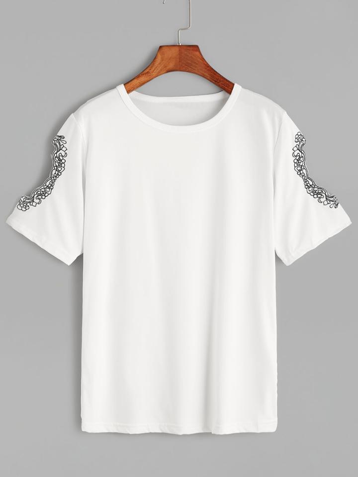 Romwe White Cut Out Sleeve Embroidered T-shirt