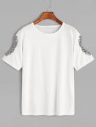 Romwe White Cut Out Sleeve Embroidered T-shirt