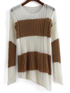 Romwe Striped Hollow Asymmetrical Khaki Sweater