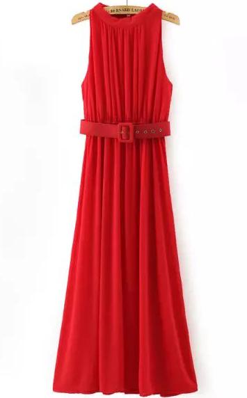 Romwe Sleeveless With Belt Pleated Maxi Red Dress