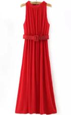Romwe Sleeveless With Belt Pleated Maxi Red Dress