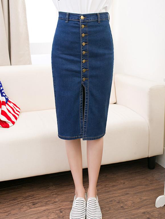 Romwe Buttoned & Slit Front Denim Pencil Skirt