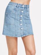 Romwe Light Blue Single Breasted Pocket Denim Skirt