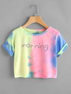 Romwe Letter Print Water Color Cuffed Tee