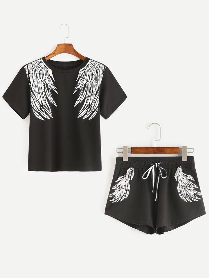 Romwe Black Wings Print Short Sleeve T-shirt With Drawstring Shorts