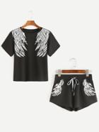 Romwe Black Wings Print Short Sleeve T-shirt With Drawstring Shorts