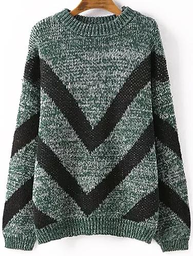 Romwe Dropped Shoulder Seam Chevron Print Green Jumper