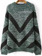 Romwe Dropped Shoulder Seam Chevron Print Green Jumper