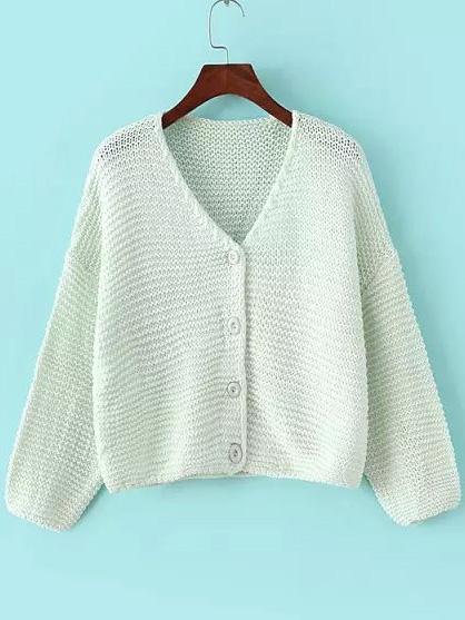 Romwe V Neck Button-down Crop White Cardigan