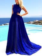 Romwe Blue Sleeveless Lace Flared Maxi Dress