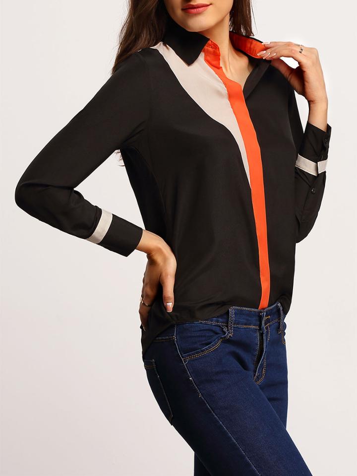 Romwe Color-block Lapel Buttons Chiffon Blouse