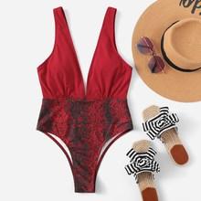 Romwe Snake Print Deep Plunge Ruched One Piece Swimsuit