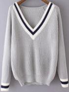 Romwe V Neck Varsity-striped Grey Sweater