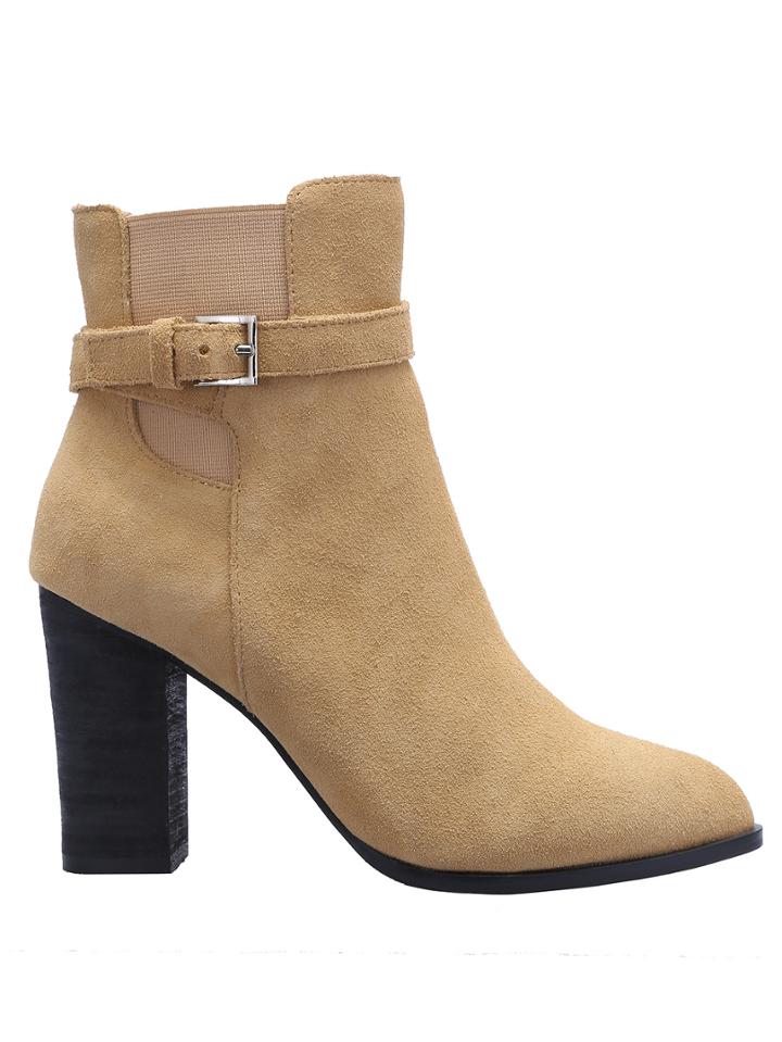 Romwe Apricot Pointy Buckle Strap Elastic Boots