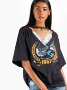 Romwe Plunging Choker Neck Drop Shoulder Distressed Graphic Tee
