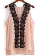 Romwe V Neck Contrast Lace Pink Tank Top