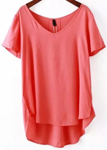 Romwe Red V Neck Short Sleeve Loose Blouse