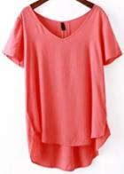 Romwe Red V Neck Short Sleeve Loose Blouse