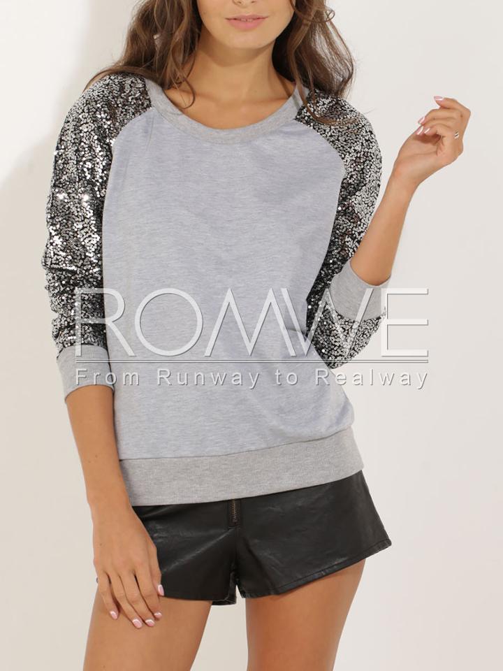 Romwe Grey Long Sleeve Sequined Sweatshirt