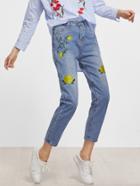 Romwe Blue Bleached Flower Embroidery Jeans