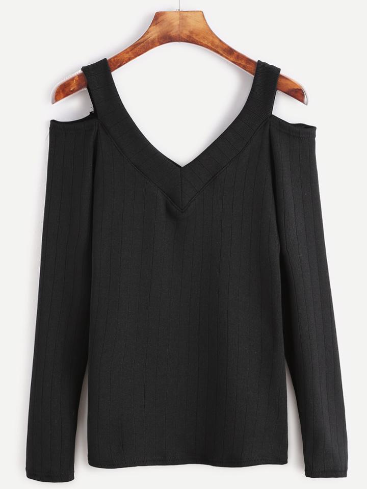 Romwe Black Open Shoulder Ribbed Knit Tight T-shirt