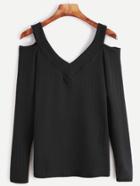 Romwe Black Open Shoulder Ribbed Knit Tight T-shirt