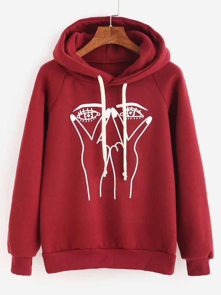 Romwe Burgundy Gesture Print Raglan Sleeve Hooded Sweatshirt