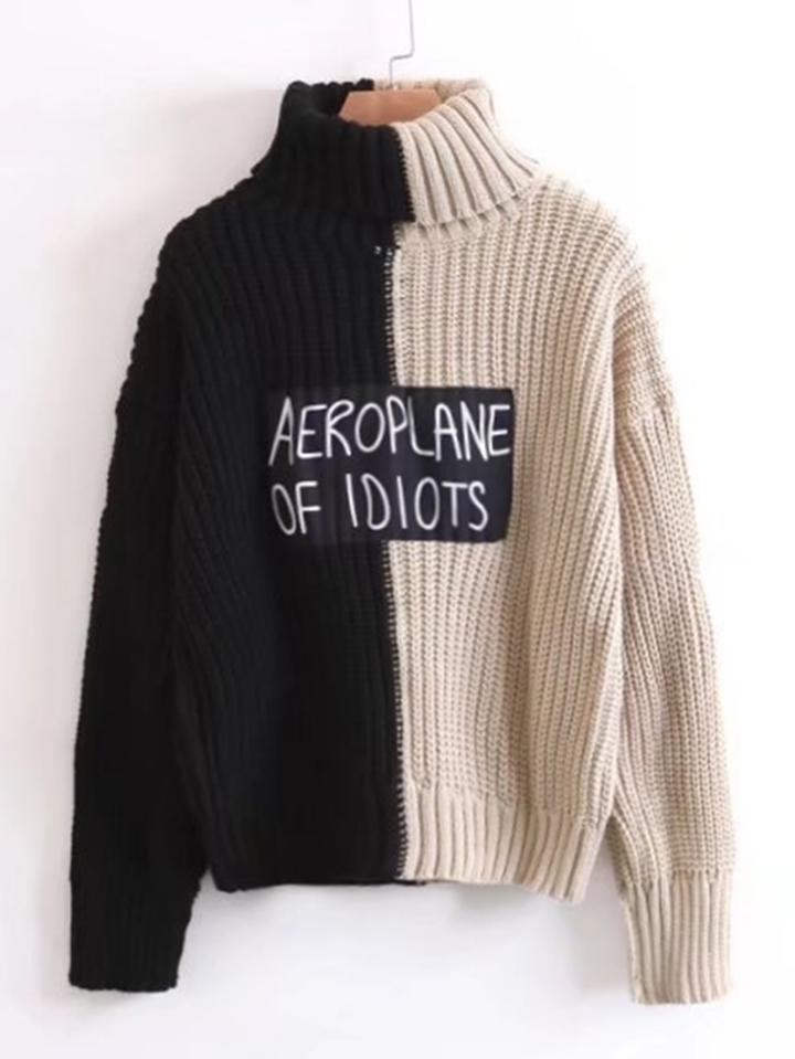 Romwe Slogan Patch Two Tone Turtleneck Sweater