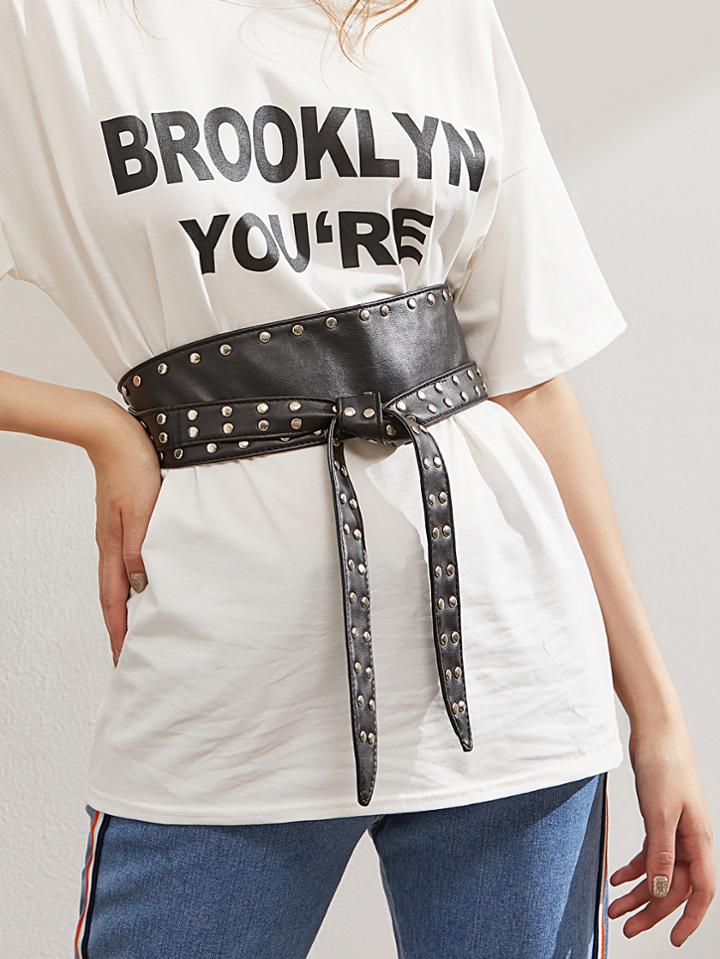 Romwe Studded Design Faux Leather Obi Belt