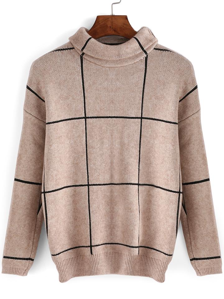 Romwe Turtleneck Plaid Loose Sweater