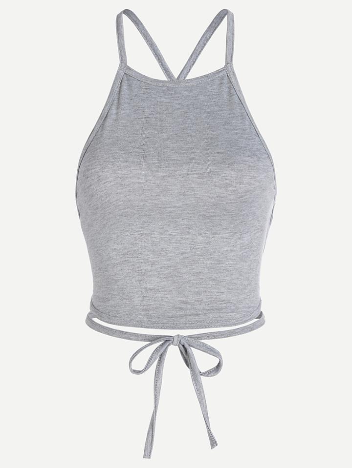 Romwe Grey Lace Up Criss Cross Back Cami Top