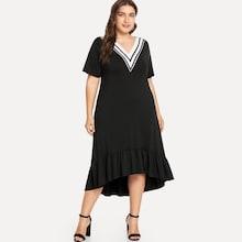 Romwe Plus V Neckline Striped Ruffle Hem Dress