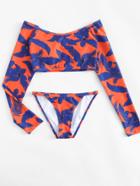 Romwe Tropical Print Long Sleeve Two Piece Swimwear