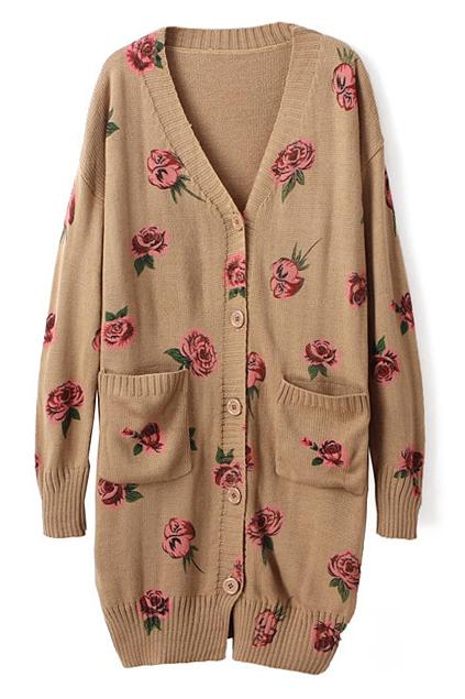 Romwe Rose Knitted Double Pockets V-neck Coffee Cardigan