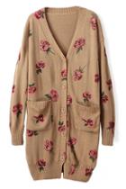 Romwe Rose Knitted Double Pockets V-neck Coffee Cardigan