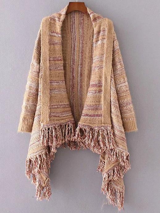 Romwe Khaki Striped Shawl Collar Fringe Hem Poncho Sweater