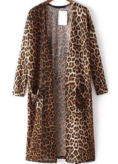 Romwe Long Sleeve With Pockets Leopard Long Top
