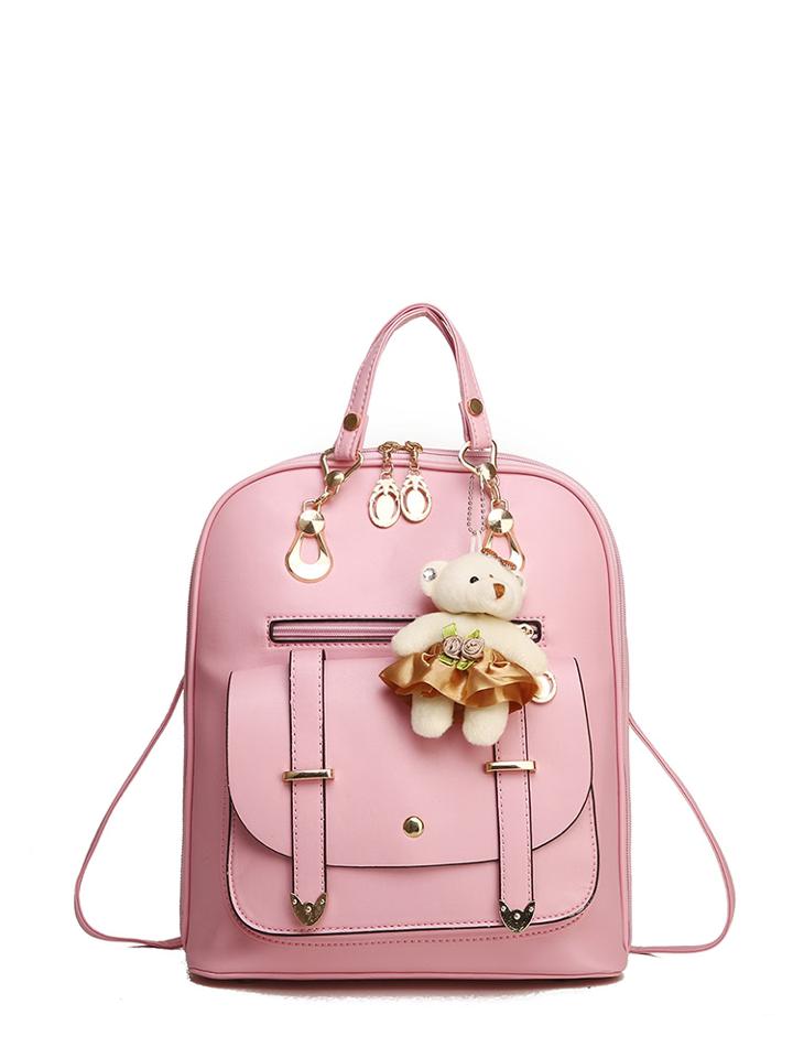 Romwe Pocket Front Pu Backpack With Bear