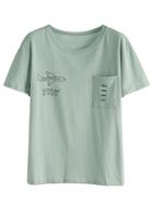 Romwe Pale Green Airplane Print Ripped Pocket T-shirt