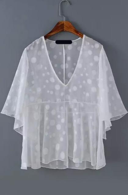 Romwe Dip Hem V Neck Polka Dot Top