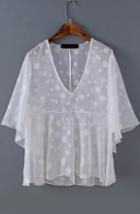 Romwe Dip Hem V Neck Polka Dot Top