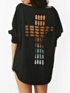 Romwe Black Long Sleeve Hollow Cross Sweatshirt